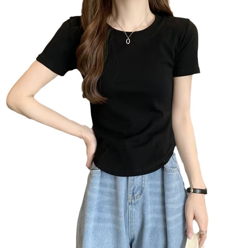 Threaded Cotton Short-sleeved Front Shoulder Crew Neck Solid Color T-shirt Women's Summer Hem Irregular Slim Versatile Top Basic_ecoleips.com