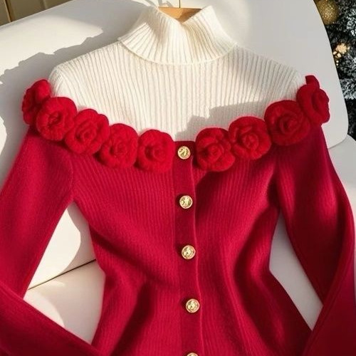 Christmas Red Stereo Flower Fake Two-Piece Sweater 2025 Winter Beautiful Design Knitted Top