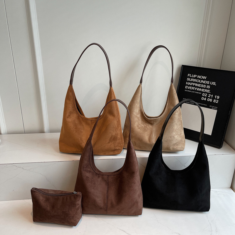 Solid Color Suede Shoulder Bag, Textured Large-Capacity Tote Bag, Frosted Shoulder Bucket Bag, Mother Bag, Shoulder Armpit Bag