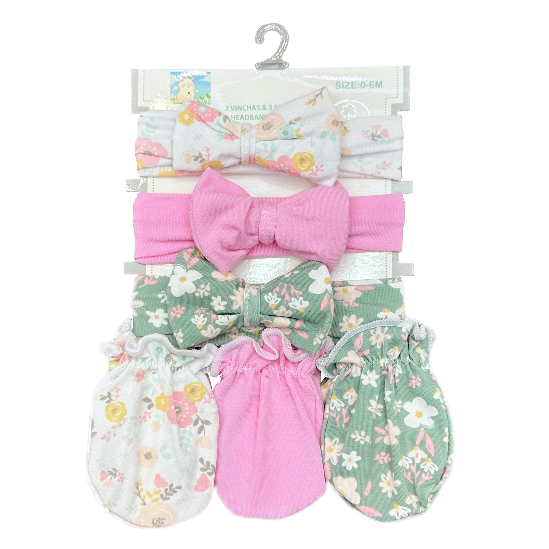 Nuevo producto transfronterizo: Conjunto de 6 piezas de diadema floral, guantes y calcetines para bebés y niñas, venta al por mayor para celebraciones de un mes, protección contra el frío.