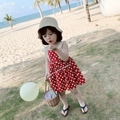 女童吊帶連衣裙夏季新款圓點洋氣酒紅色女孩可愛公主裙百褶背心裙