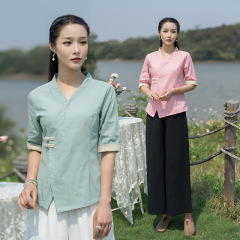 中国風改良漢服中国風チャイナドレス唐スーツトップ茶服女性の春と夏のフットバス健康センター耳かき作業服