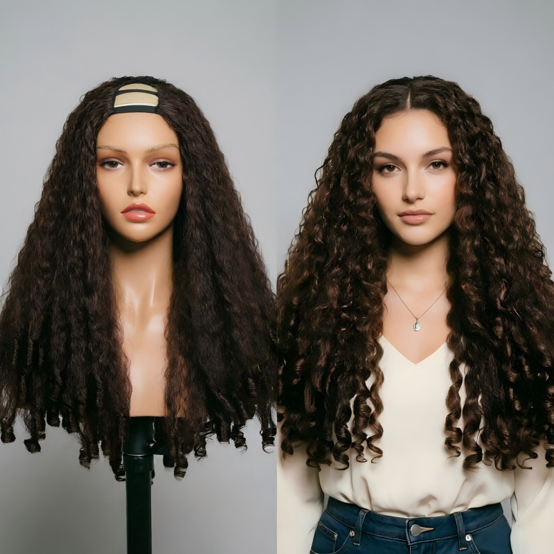 European and American Synthetic Fiber High-Temperature U-Shaped Yaki Spiral Curl Clip-In Half Wig U Part Wig European and American Synthetic Fiber High-Temperature U-Shaped Yaki Spiral Curl Clip-In Half Wig U Part Wig