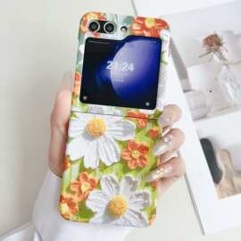 绿底白花三星Zflip5手机壳折叠屏手机壳油画水贴硬壳flip4适用