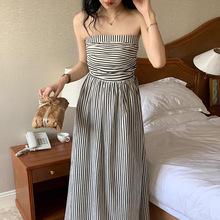 黑白条纹裙子女夏季法式气质抹胸收腰显瘦连衣裙褶皱露背性感长裙