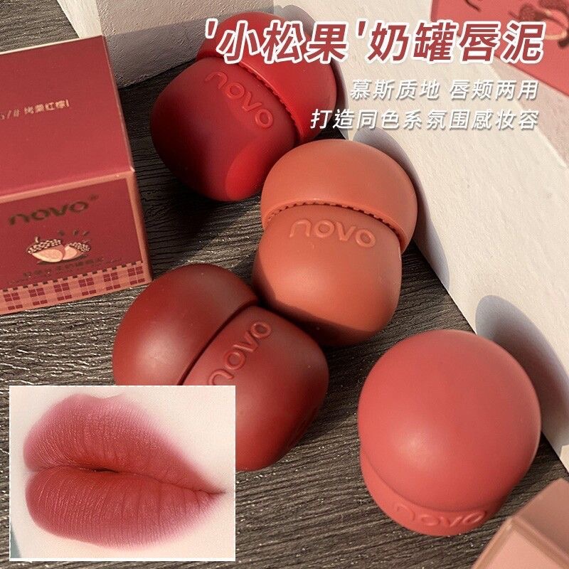 NOVO Little Mushroom Milk Jar Lip Mud, Velvet Matte Lip and Cheek Dual-Use, Waterproof, Long-Lasting, Brightening Lip Gloss