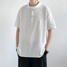 棉麻T恤男士夏季日系復古亞麻短袖體恤中國風白色立領上衣服男裝