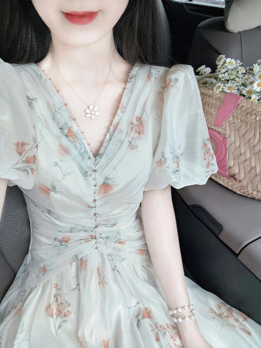 Váy liền hoa cổ chữ V tay bồng dáng dài mùa hè — Màu xanh lục nhạt chi tiết 4