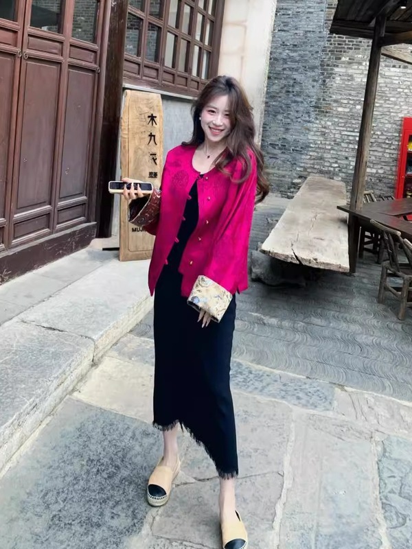 新中式国风玫红色外套女秋季大码胖气质高级感好看盘扣开衫上衣|undefined