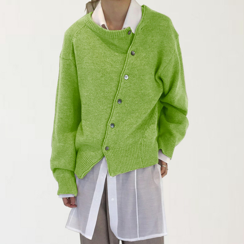 Cardigan in maglia con scollo rotondo, stile coreano, con bottoni diagonali, design irregolare, da donna, primavera_voghion.com