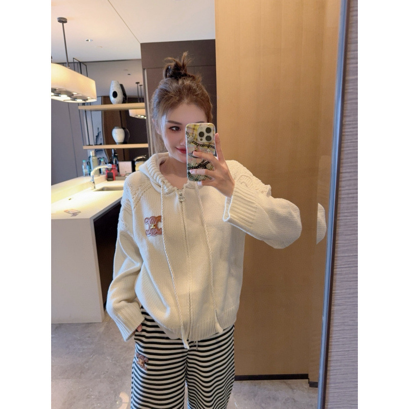 ce 针织外套皮标连帽开衫毛衣女25秋冬新品麻花慵懒针织连帽外套|undefined