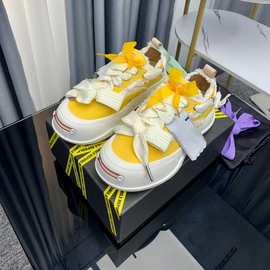 蝴蝶结可爱开口笑厚底低帮板鞋女黄色百搭休闲大头学生舒适乞丐鞋
