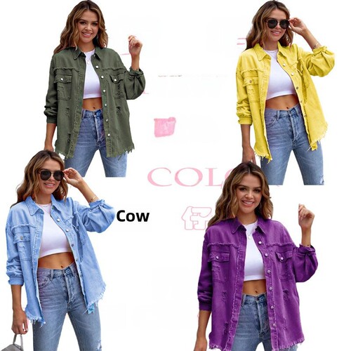 Women's Autumn/Winter Long-Sleeve Leisure Collar Upgraded 2025 European and American Style Fringe Denim Jacket with Frayed Holes