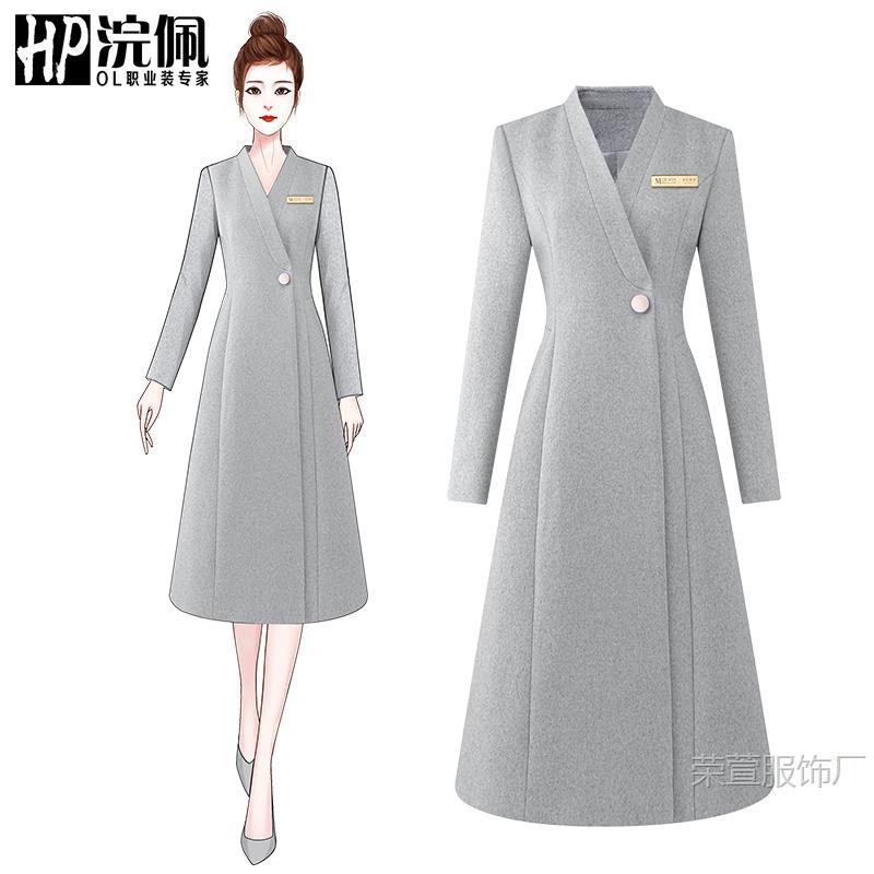 Gray Woolen Coat Texture Stewardess Sales Department Work Clothes Women's Classy Workwear Winter Outwear Uniform
