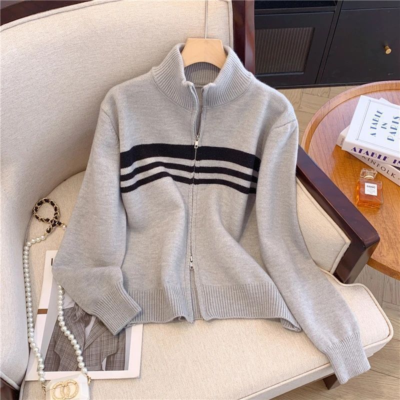 Korean Style Casual Zipper Versatile Striped Sweater Cardigan Women's Top Autumn and Winter Short Fashion Knit Jacket Coat