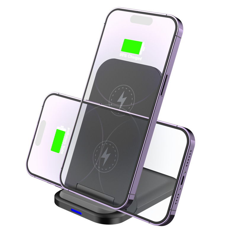 Vertical de escritorio inalámbrico de carga rápida plegable soporte de teléfono móvil cargador inalámbrico de doble bobina de carga inalámbrica 15W