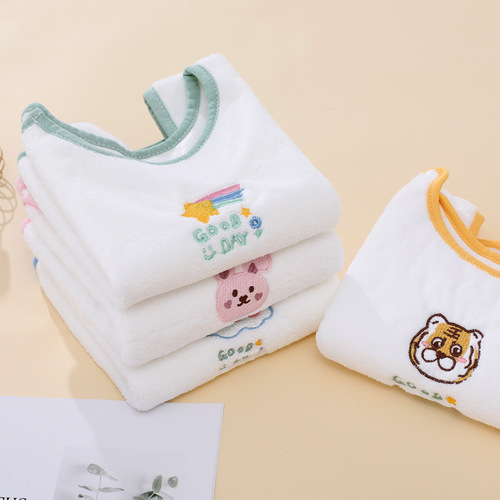 Cute Embroidered Coralline Fleece Children's Washcloth Soft and Absorbent Cartoon Baby Bib Multifunctional Face Towel