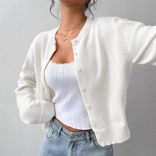 European and American Autumn/Winter Cross-Border Knitwear Women's Fashion Thin Round Neck Long Sleeve Button Short Version Loose Cardigan Top Outerwear