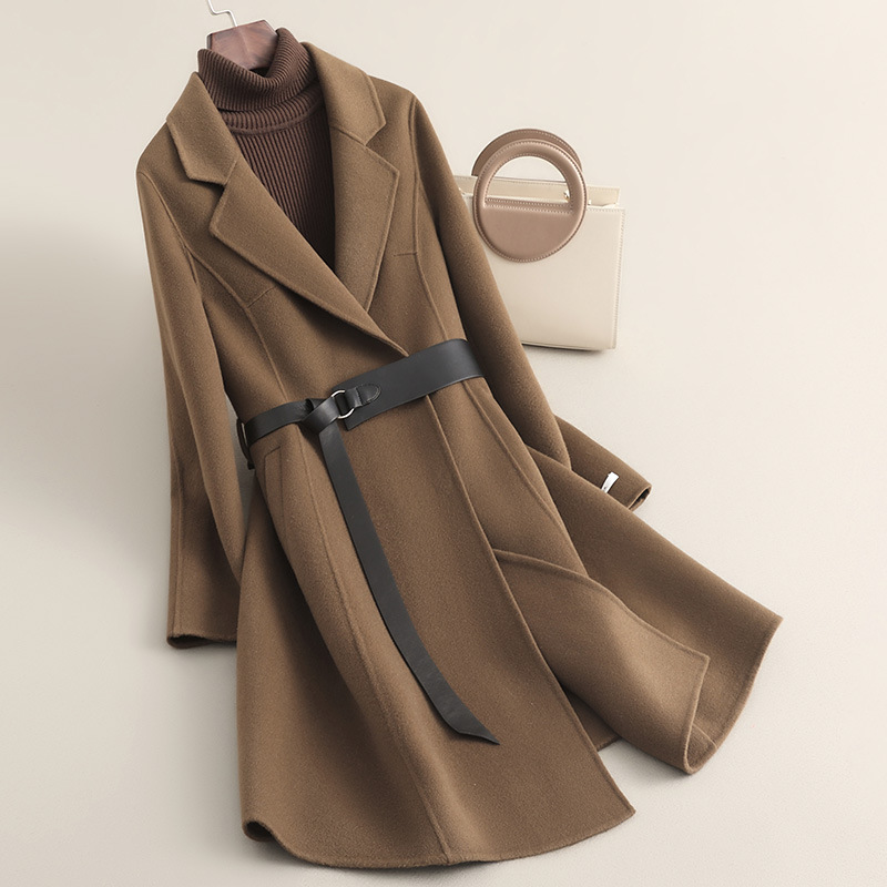 春の新作ハイエンド小柄コート女性用ミドル丈両面ゼロカシミアウエストウールウールコート女性用