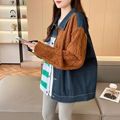 条纹麻花牛仔拼接毛衣洋气polo领针织衫新款百搭复古设计感女装