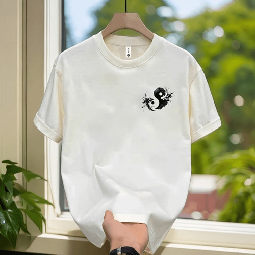 High-Quality Men's Clothing: Men's Trendy Personality Printed Short-Sleeve T-Shirt Summer Pure Cotton Korean Style Versatile Round Neck Top