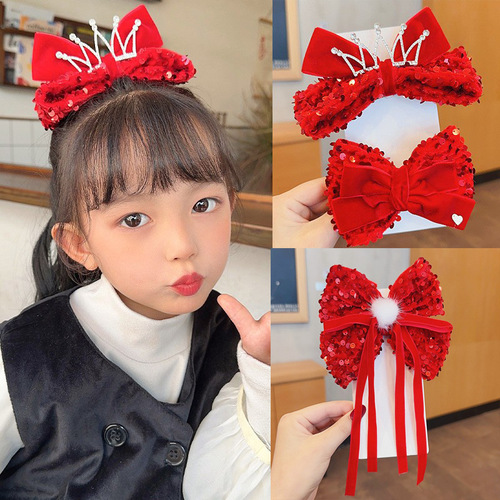 New Year Hair Accessories Children's Hairpin Little Princess Crown Bow Red New Year Hairpin Girls Happy New Year Headwear