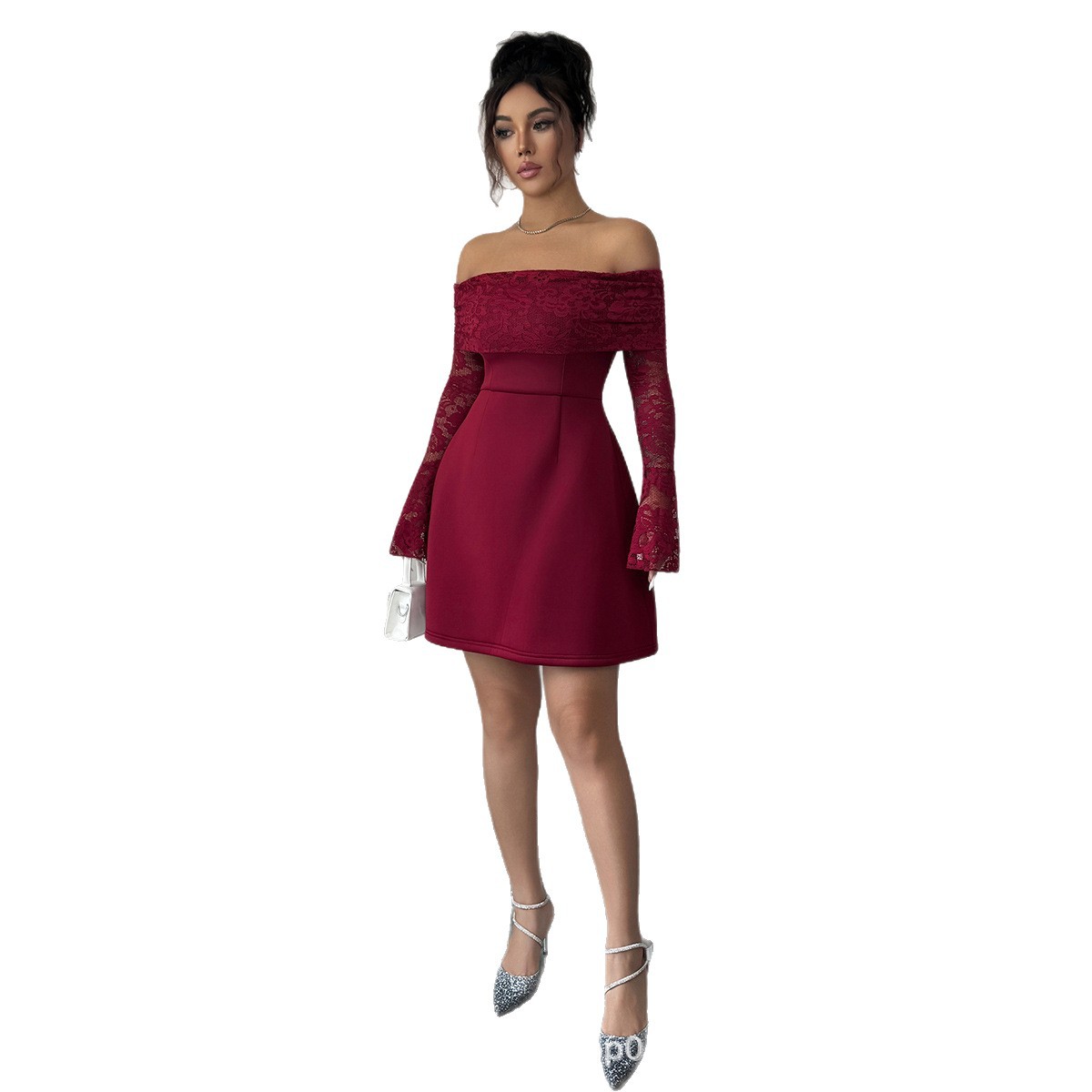 Women's Clothing Strapless Lace Long Sleeved Dress For Women Elegant European American Style Autumn Winter_ecoleips.com