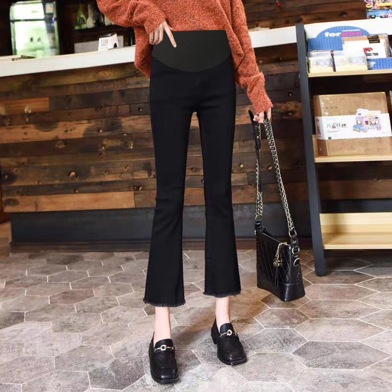 in stock Tmall Quality Pregnant Women's Spring and Autumn Jeans Slim-Fit Stretch Trumpet Pants Black Pants with Tassel Edge