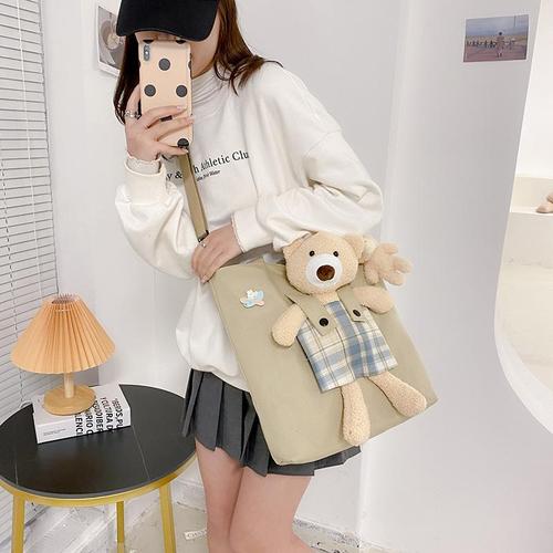 Korean shoulder bag for women 2024 new niche casual cloth bag bear canvas bag female student class bag crossbody bag
