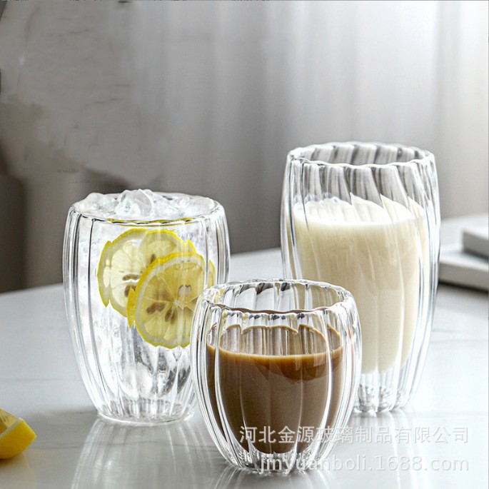 Tazas de vidrio a rayas de doble capa personalizadas, tazas de vidrio a rayas de alta resistencia al calor, tazas de leche de oficina, tazas de desayuno