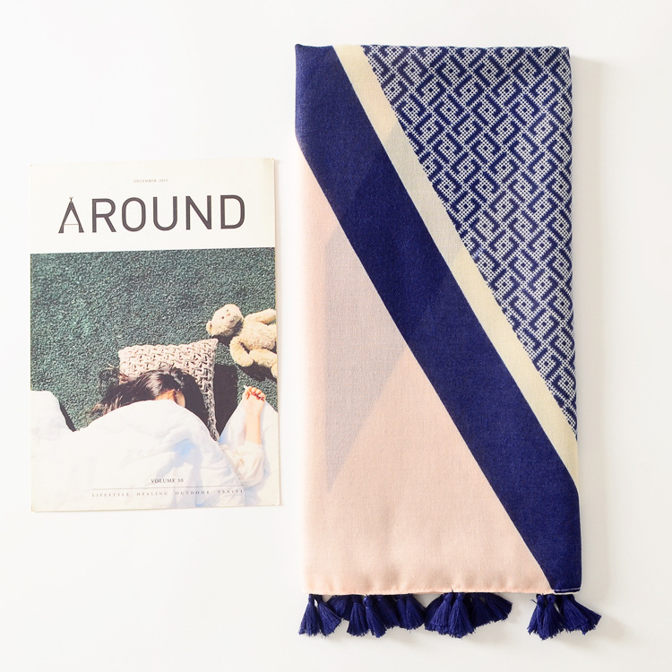 Invierno nuevo estilo coreano carta geométrica color a juego largo borla chal caliente algodón y lino sensación bufanda de seda cáñamo bufanda