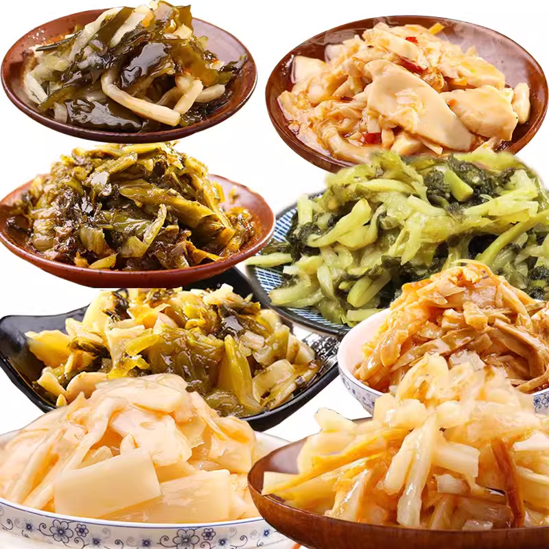 Green and Crispy Bamboo Shoots, Preserved Mustard Greens, Young Bamboo Shoots, and Mushroom Dried Noodles with Three Treasure Dishes, Three Treasure Pickled Sauce, and Wholesale