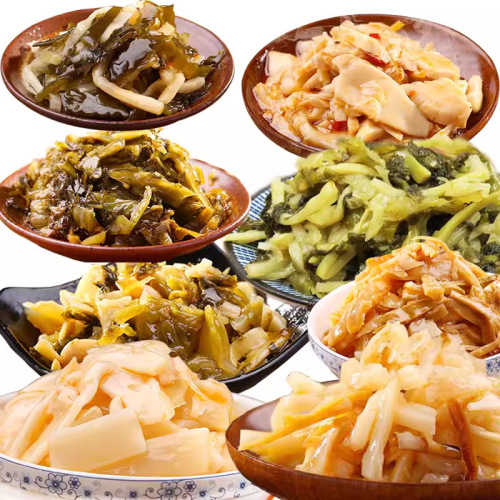 Green and Crispy Bamboo Shoots, Preserved Mustard Greens, Young Bamboo Shoots, and Mushroom Dried Noodles with Three Treasure Dishes, Three Treasure Pickled Sauce, and Wholesale