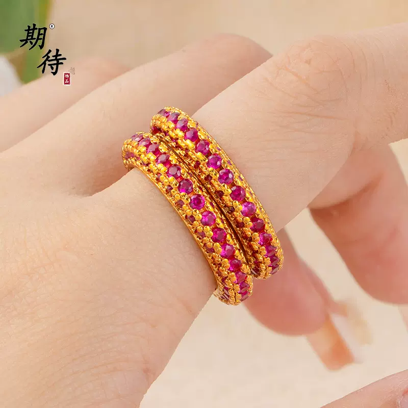 久不掉色古法沙金饰品镶玫钻食指戒创意时尚百搭爆闪蔷薇指环戒指