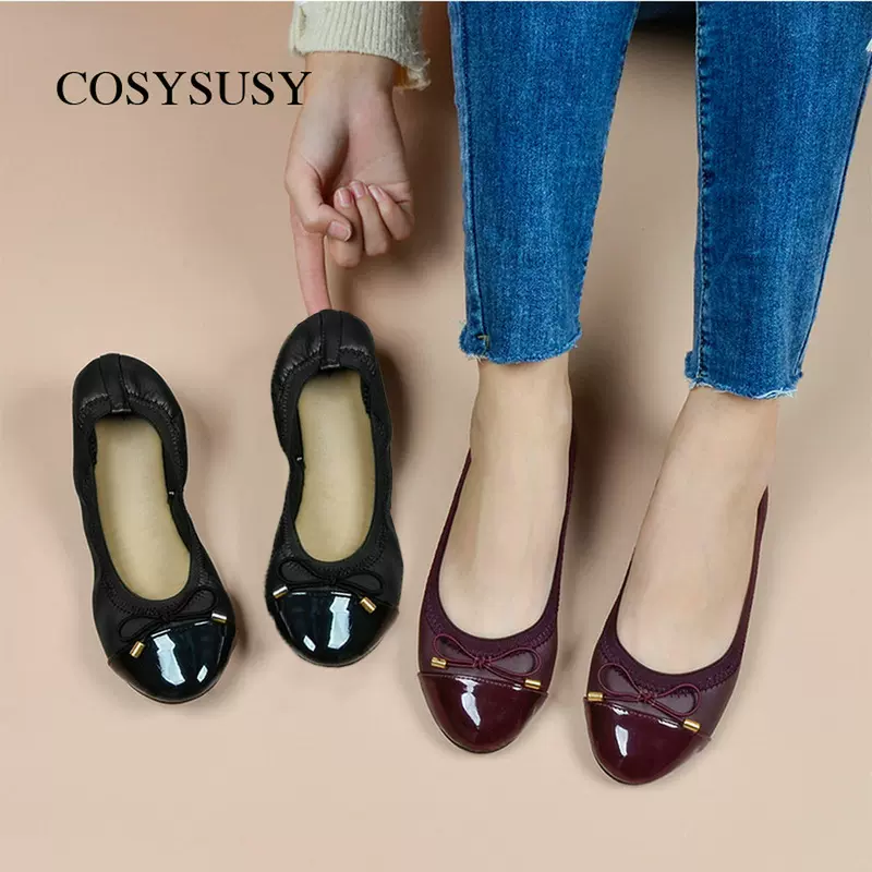 跨境2025新款拼接蛋卷鞋酒红圆头软底孕妇鞋春秋款芭蕾风船鞋女