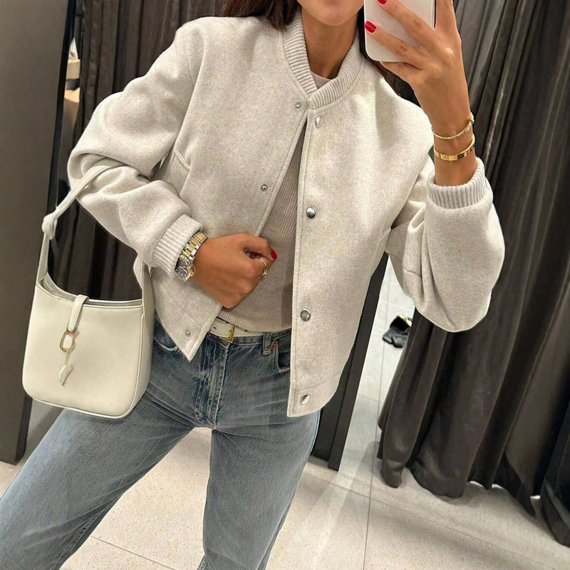 European and American Style Autumn and Winter Short Baseball Jacket with Ribbed Collar and Single-Breasted Aviator Jacket