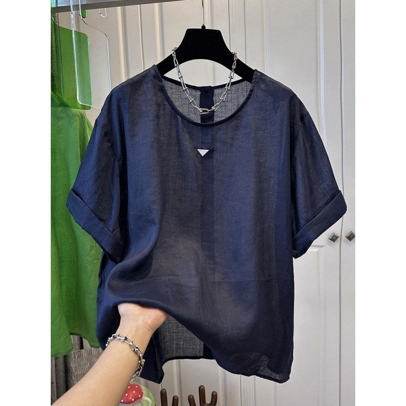 オールドマネースタイルラウンドネックスリム半袖Tシャツレディーストップス年齢軽減ルーズ無地ファッション万能シャツ2025年夏|undefined