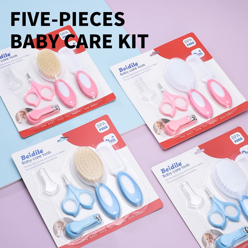 Wholesale of maternal and infant products: 5-piece set of children's baby nail clippers, comb, brush, and care kit in card packaging, supplied by manufacturer