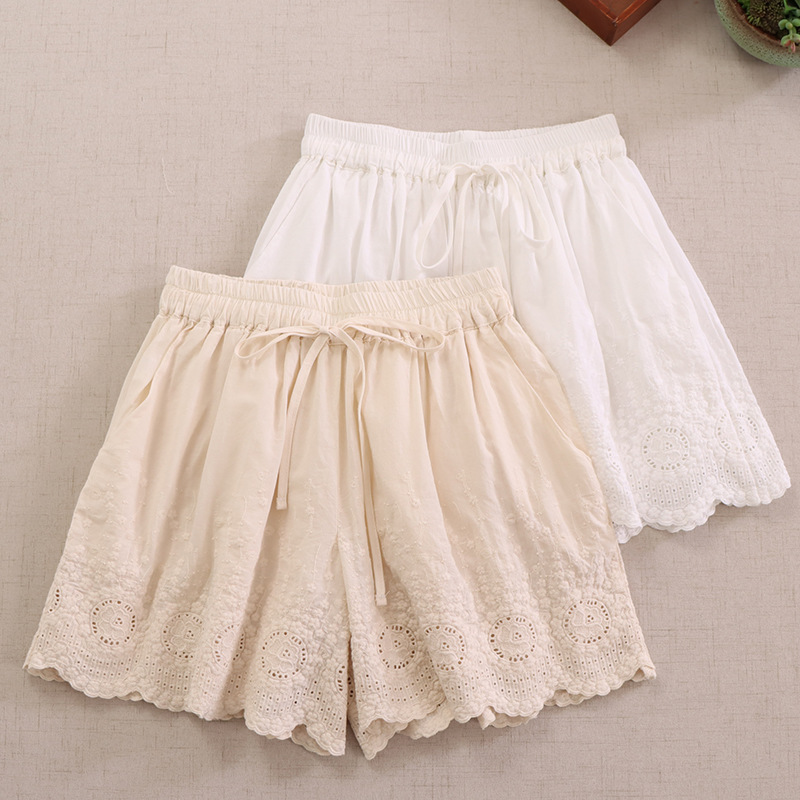 Japanese Mori Girl Embroidered Lace Shorts Loose Versatile Drawstring Waist Embroidered Hollow Lining Double-Layer Wide-Leg Shorts