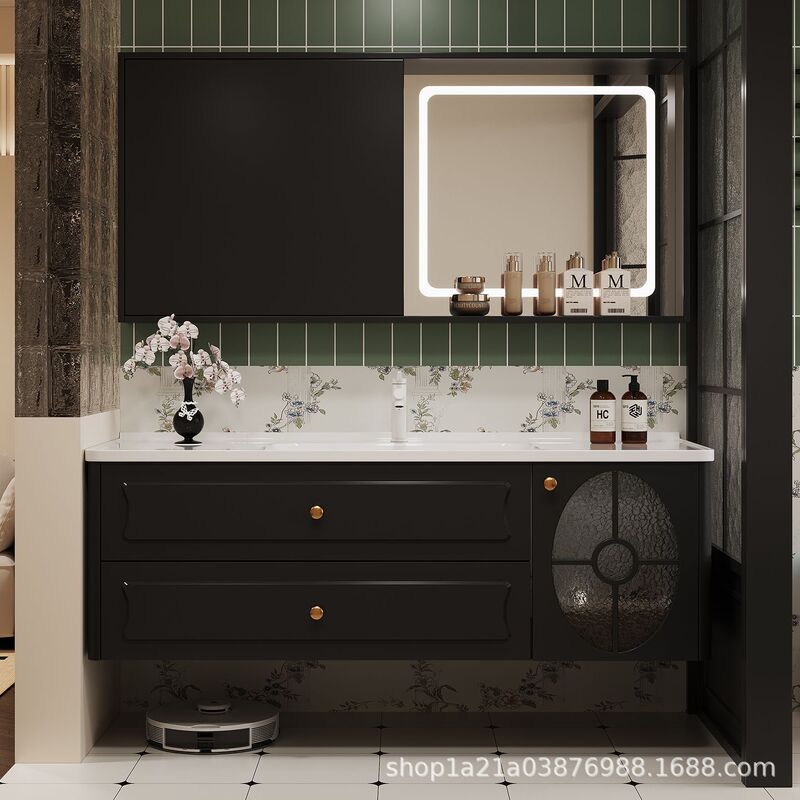 French-style smart oak bathroom cabinet set, including a ceramic integrated washbasin for the bathroom sink French-style smart oak bathroom cabinet set, including a ceramic integrated washbasin for the bathroom sink