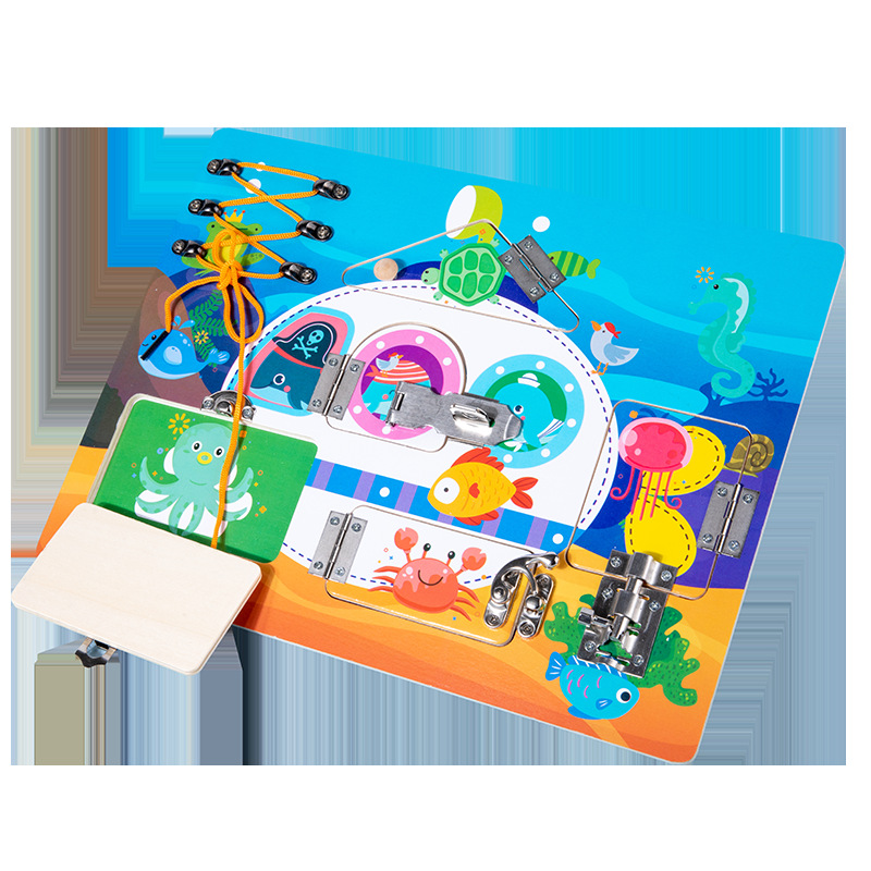 Amazon Wood Bear Tablero ocupado Niños Montessori Juego de pared Abra la puerta Tablero de desbloqueo Juguetes educativos