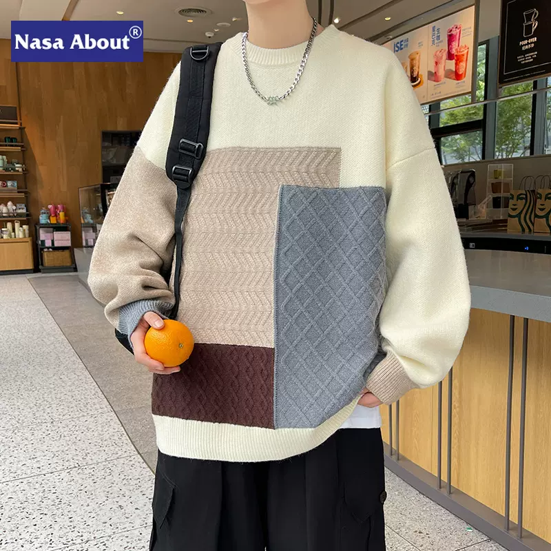 NASA秋冬季新款撞色毛衣男士圆领宽松加大码胖子休闲慵懒风针织衫