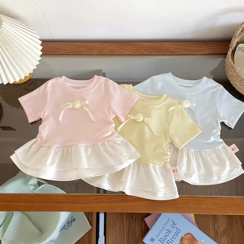 【现货】XY262503女童短袖T恤2026夏季新款甜美蝴蝶结荷叶边T恤潮