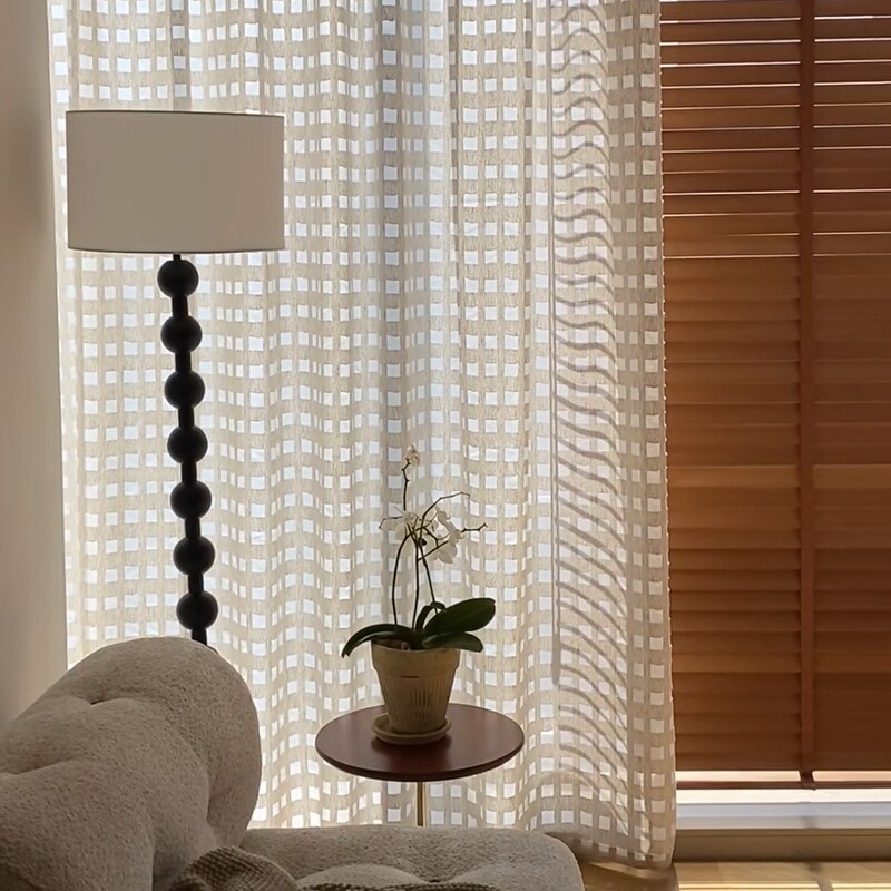 French Mid-Century Style Linen Gauze Curtains Original Designer Living Room Balcony Retro Plaid Gauze Curtains