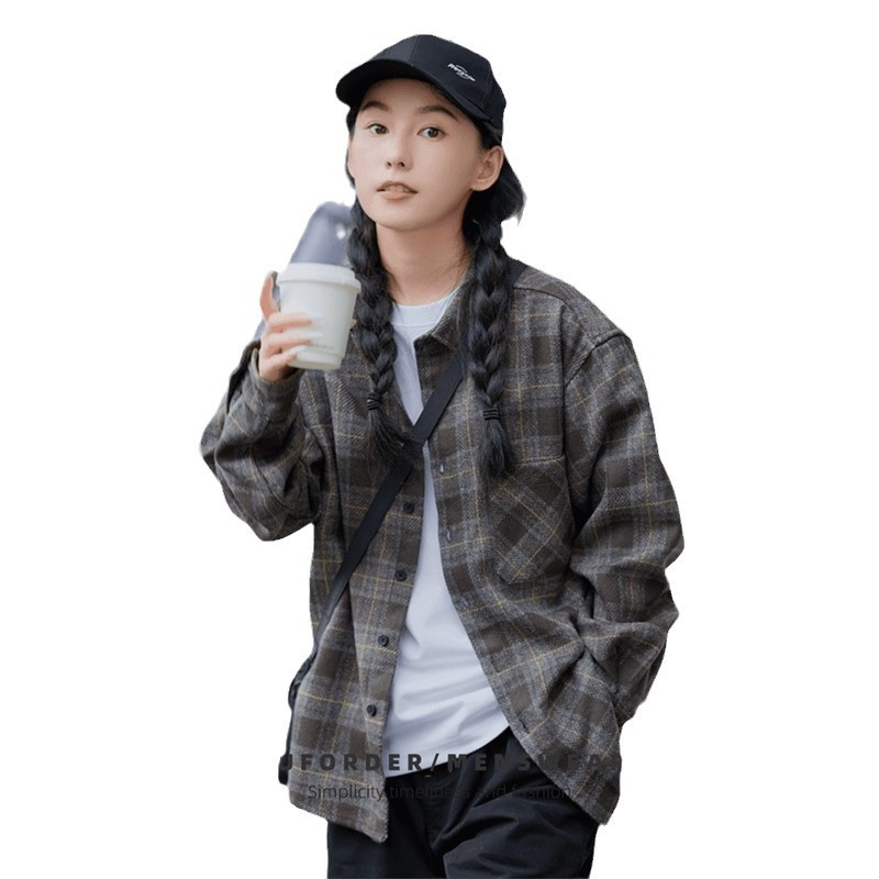 남성용 일본 무거운 격자 무늬 셔츠 남성용 가을 캐주얼 스크럽 루즈 자켓 트렌디 브랜드 빈티지 작업복 롱 슬리브 라이닝