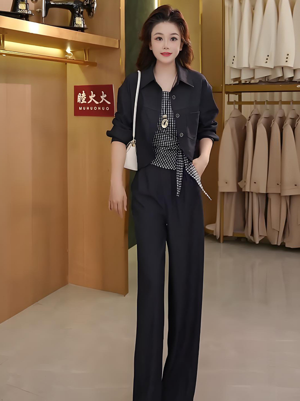 时尚套装女2025秋季新款洋气短款外套不规则格纹吊带阔腿裤三件套|undefined