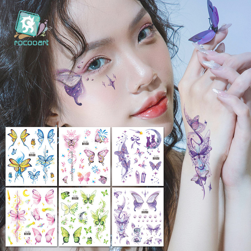 Cross-Border New Waterproof Cartoon Glitter Princess Butterfly Ocean Tattoo Stickers High-End Temporary Long-Lasting Makeup Face Stickers