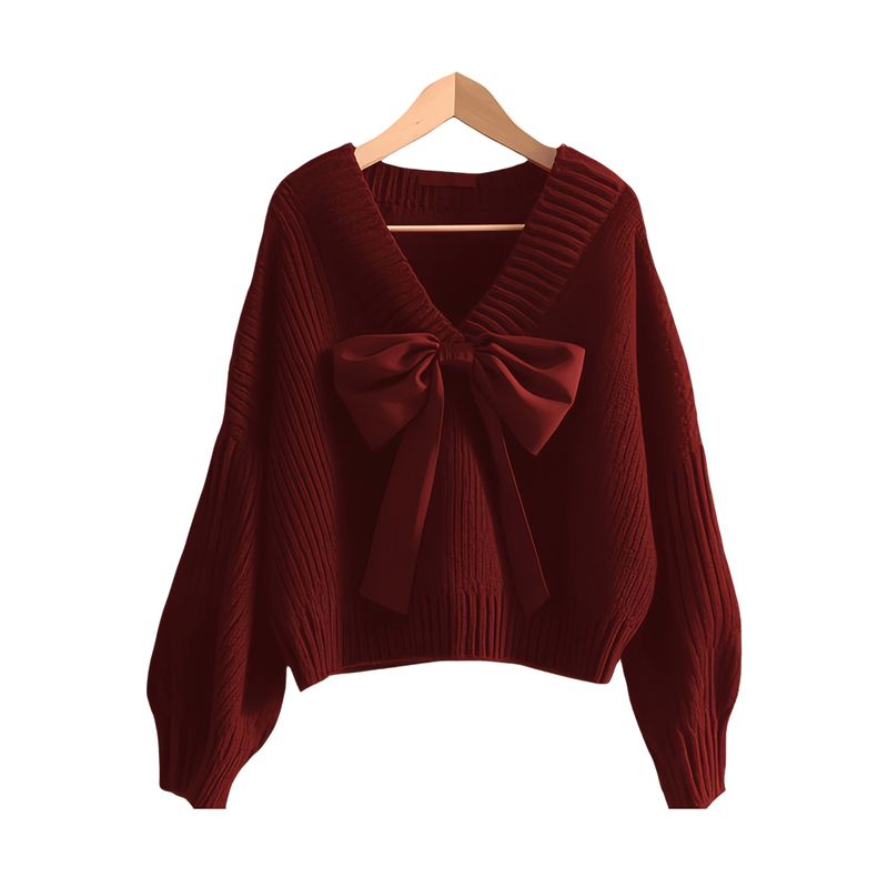 Ankola Red V-neck Bow Knitted Sweater Women's 2024 Autumn and Winter New Christmas War Gown Benmingnian Top