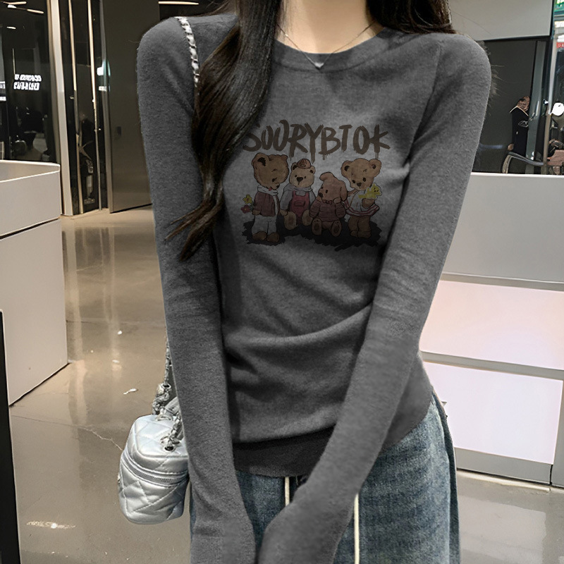 高级感灰色纯棉长袖t恤女内搭打底衫秋冬季修身显瘦正肩韩系上衣|undefined
