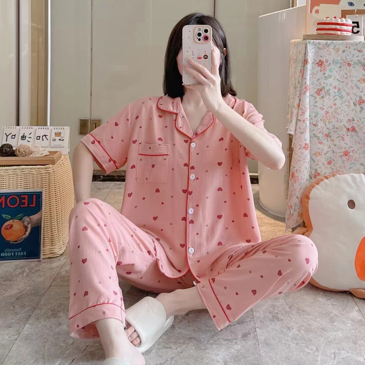 Pajamas de espuma tejidos de verano de algodón pantalones largos de mangas cortas ropa para el hogar de verano delgada de algodón conjunto de dos piezas